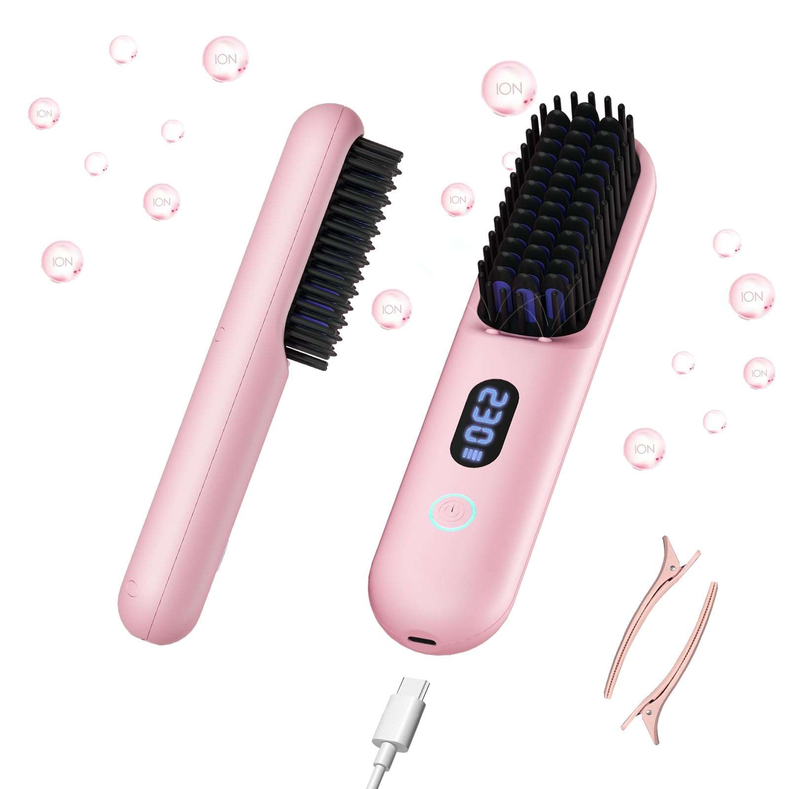 Cordless Hair Straightener Brush - Portable Straightener Brush with 9 Temp Settings, Mini Straightening Comb for Travel, 9600mAh Rechargeable Batt & 224 Million Negative Ions (Pink) - Image 1