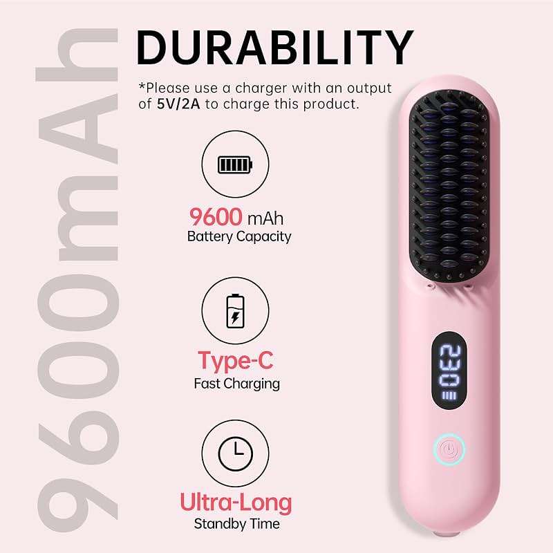 Cordless Hair Straightener Brush - Portable Straightener Brush with 9 Temp Settings, Mini Straightening Comb for Travel, 9600mAh Rechargeable Batt & 224 Million Negative Ions (Pink) - Image 2