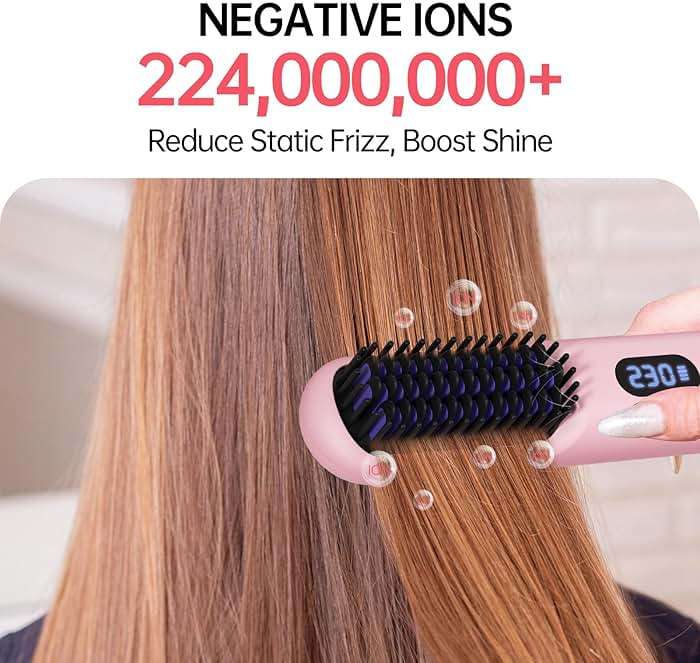 Cordless Hair Straightener Brush - Portable Straightener Brush with 9 Temp Settings, Mini Straightening Comb for Travel, 9600mAh Rechargeable Batt & 224 Million Negative Ions (Pink) - Image 3