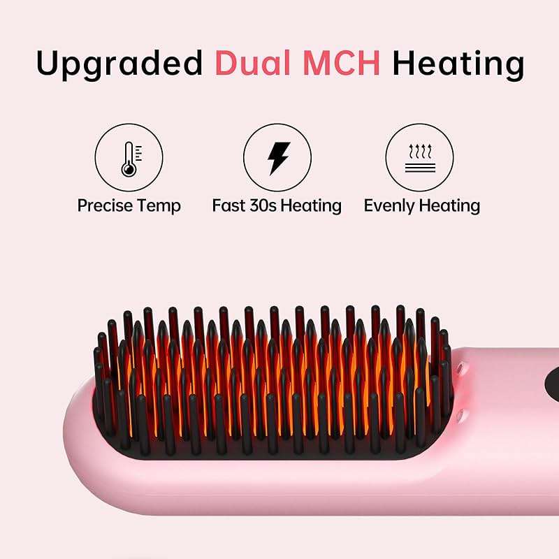 Cordless Hair Straightener Brush - Portable Straightener Brush with 9 Temp Settings, Mini Straightening Comb for Travel, 9600mAh Rechargeable Batt & 224 Million Negative Ions (Pink) - Image 4