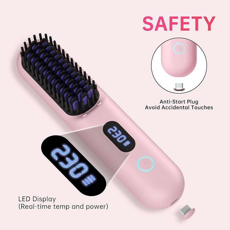 Cordless Hair Straightener Brush - Portable Straightener Brush with 9 Temp Settings, Mini Straightening Comb for Travel, 9600mAh Rechargeable Batt & 224 Million Negative Ions (Pink) - Image 6