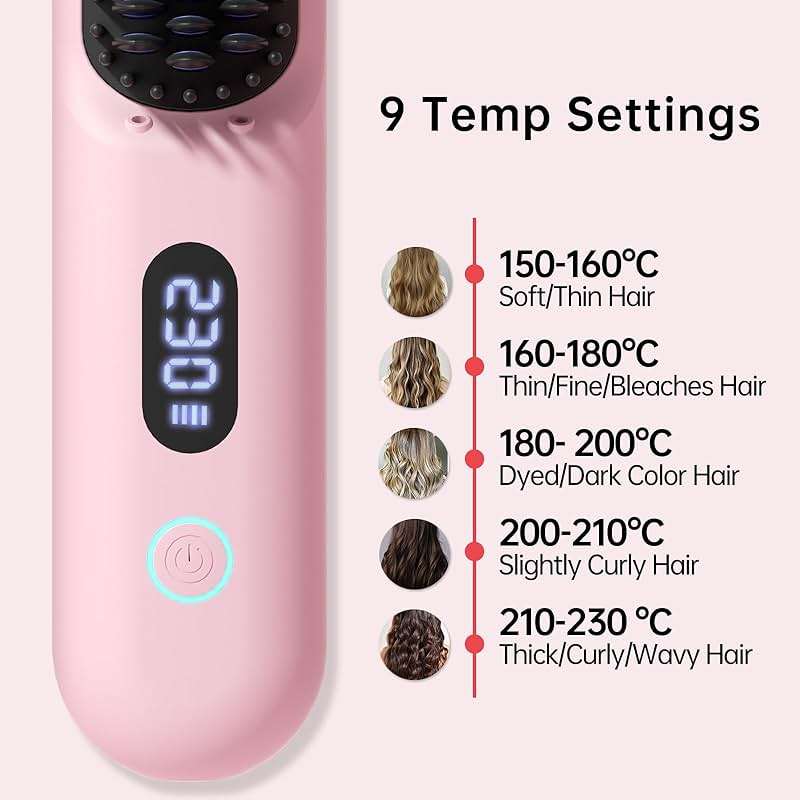 Cordless Hair Straightener Brush - Portable Straightener Brush with 9 Temp Settings, Mini Straightening Comb for Travel, 9600mAh Rechargeable Batt & 224 Million Negative Ions (Pink) - Image 7
