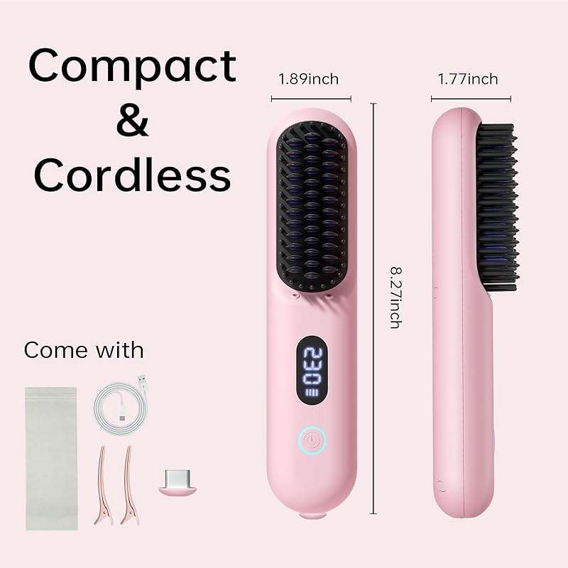 Cordless Hair Straightener Brush - Portable Straightener Brush with 9 Temp Settings, Mini Straightening Comb for Travel, 9600mAh Rechargeable Batt & 224 Million Negative Ions (Pink) - Image 8