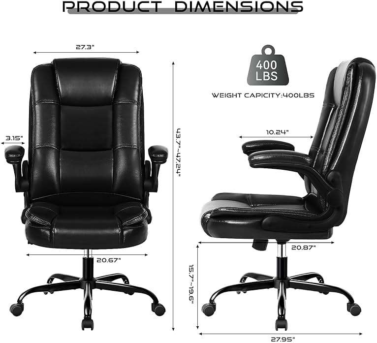 VITESSE Ergonomic Office Chair with Flip-up Armrests, Big and Tall Leather Executive Office Chair, High Back Lumbar Support Home Computer Desk Chair, Heavy and Duty Computer Chair (Black) - Image 3