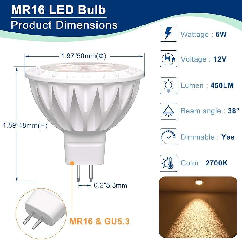 LEDBEFINE MR16 LED Bulb Dimmable GU5.3 Bi-Pin Base 5W LED Spotlight Bulbs 50W Equivalent 2700K Soft White 450lm Recessed Downlight Track Lighting 12V, 6 Pack - Image 2