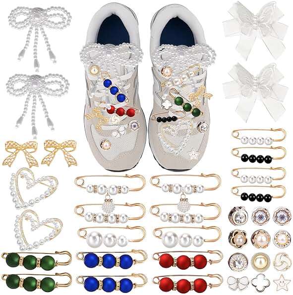 Shoe Charms for Sneakers,Junk Socks Charms Kit Coquette Shoe Accessories with Pearl Bow Heart Pins,Balletcore Y2K Shoe Decorations for Converse Boots Leg Warmers,Cute Shoe Clips for Women Girls Gift - Image 1