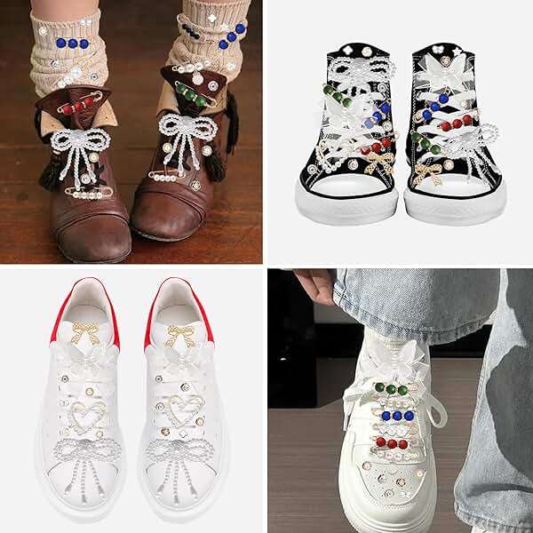 Shoe Charms for Sneakers,Junk Socks Charms Kit Coquette Shoe Accessories with Pearl Bow Heart Pins,Balletcore Y2K Shoe Decorations for Converse Boots Leg Warmers,Cute Shoe Clips for Women Girls Gift - Image 9