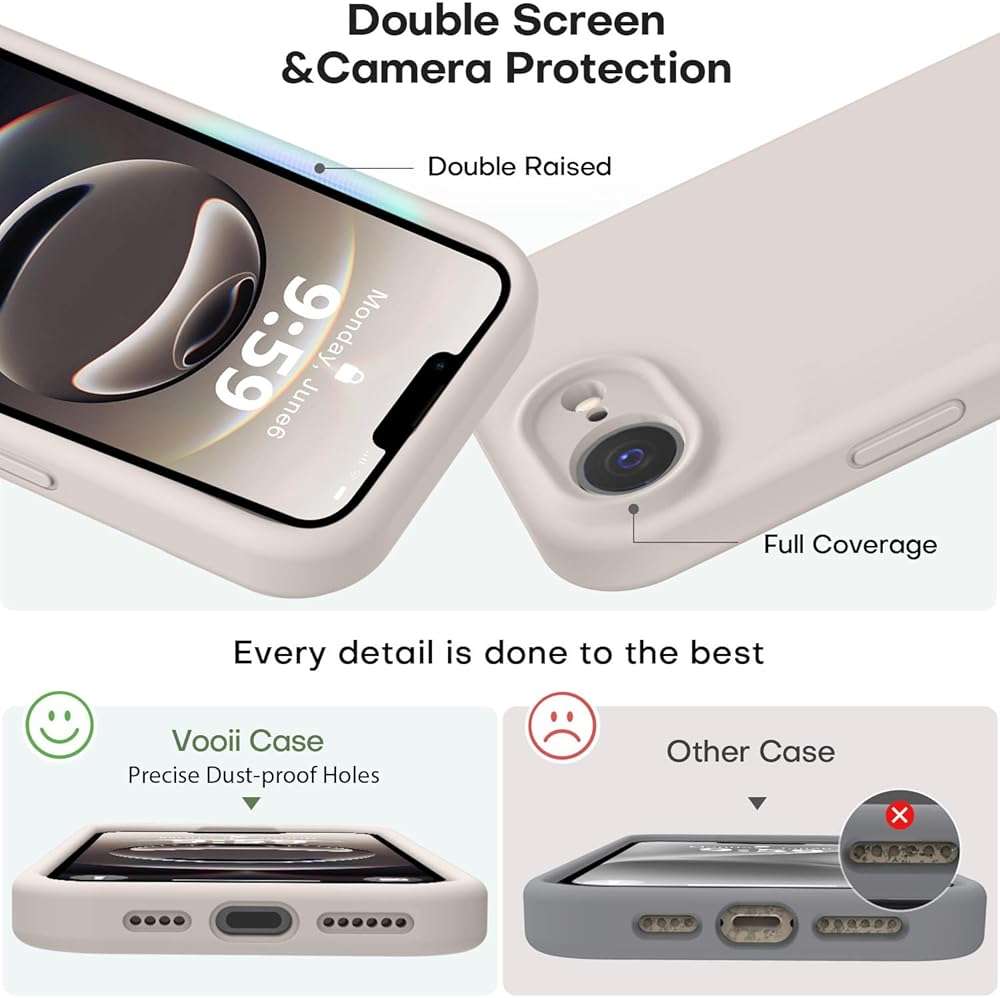 Vooii Compatible with iPhone 17e Case and for iPhone 16e Case, Liquid Silicone Upgrade [Camera Protection] [Soft Anti-Scratch Microfiber Lining] Shockproof Phone Case for iPhone 17e/16e 6.1" - Stone - Image 3