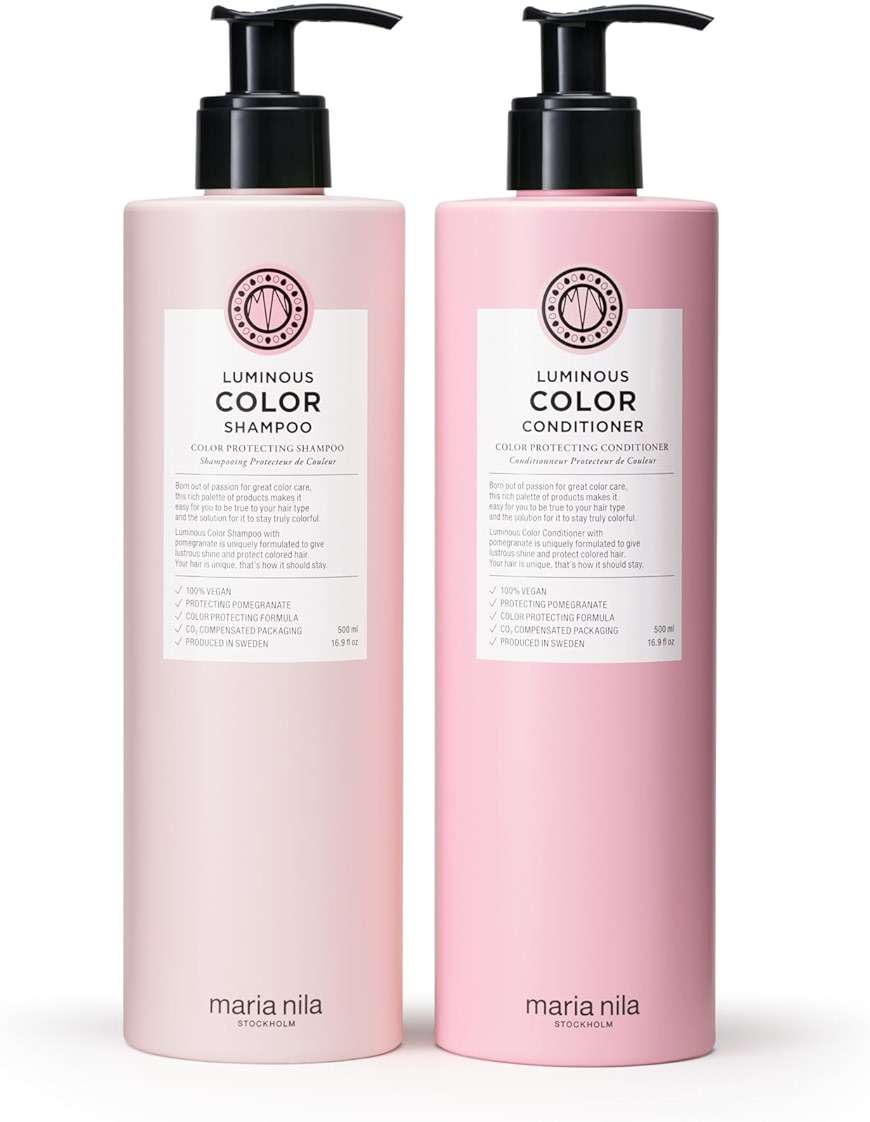 Maria Nila Luminous Color, Shampoo & Conditioner set, For Shiny Glossy Hair, Pomegranate & Color Guard Complex stops Color Loss from Washing & Styling, 2 x 16.9 Fl Oz - Image 1