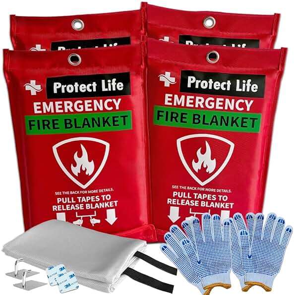 Protect Life Emergency Fire Blanket 4 Pack - 40" x 40" Reusable Fire Suppression for Kitchen, Grease & Electrical Fires - Fire Safety Kit with Gloves & Wall Hook for Home, Car & Camping - Image 1