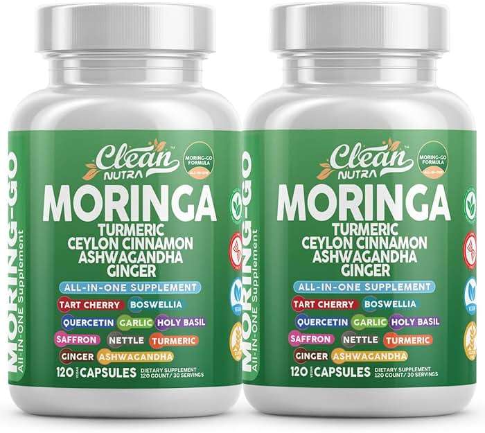 Moringa Powder Capsules + Turmeric Moringa Leaf Ceylon Cinnamon Ashwagandha Ginger Tart Cherry Boswellia Quercetin Garlic Holy Basil Saffron Nettle Black Pepper Moring-Go Supplement By Clean Nutra (2) - Image 1