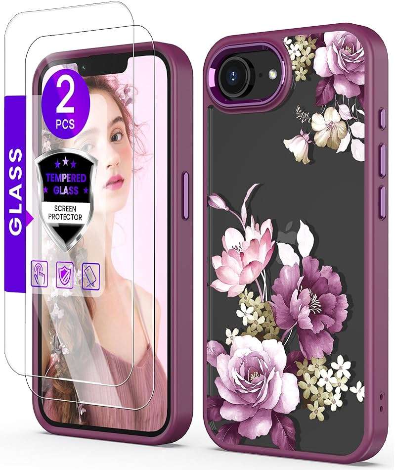 DagoRoo for iPhone 16E/17E Case+Tempered Glass Screen Protector, [Military Grade Protective] Slim Soft TPU & Hard PC,Girls Women Crystal Clear Flower Pattern Cover for iPhone 16E/17E-Purple - Image 1