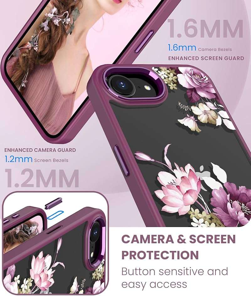 DagoRoo for iPhone 16E/17E Case+Tempered Glass Screen Protector, [Military Grade Protective] Slim Soft TPU & Hard PC,Girls Women Crystal Clear Flower Pattern Cover for iPhone 16E/17E-Purple - Image 3