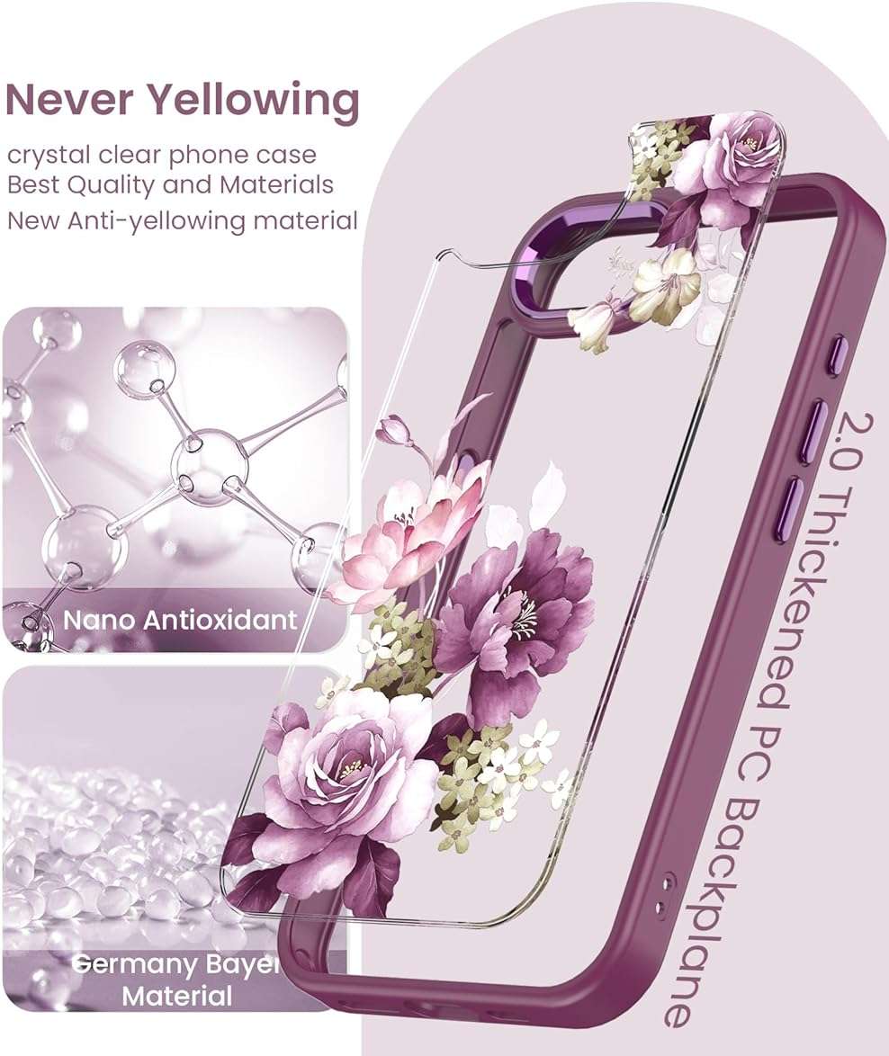 DagoRoo for iPhone 16E/17E Case+Tempered Glass Screen Protector, [Military Grade Protective] Slim Soft TPU & Hard PC,Girls Women Crystal Clear Flower Pattern Cover for iPhone 16E/17E-Purple - Image 4