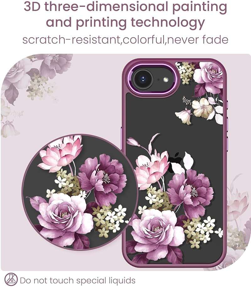 DagoRoo for iPhone 16E/17E Case+Tempered Glass Screen Protector, [Military Grade Protective] Slim Soft TPU & Hard PC,Girls Women Crystal Clear Flower Pattern Cover for iPhone 16E/17E-Purple - Image 5