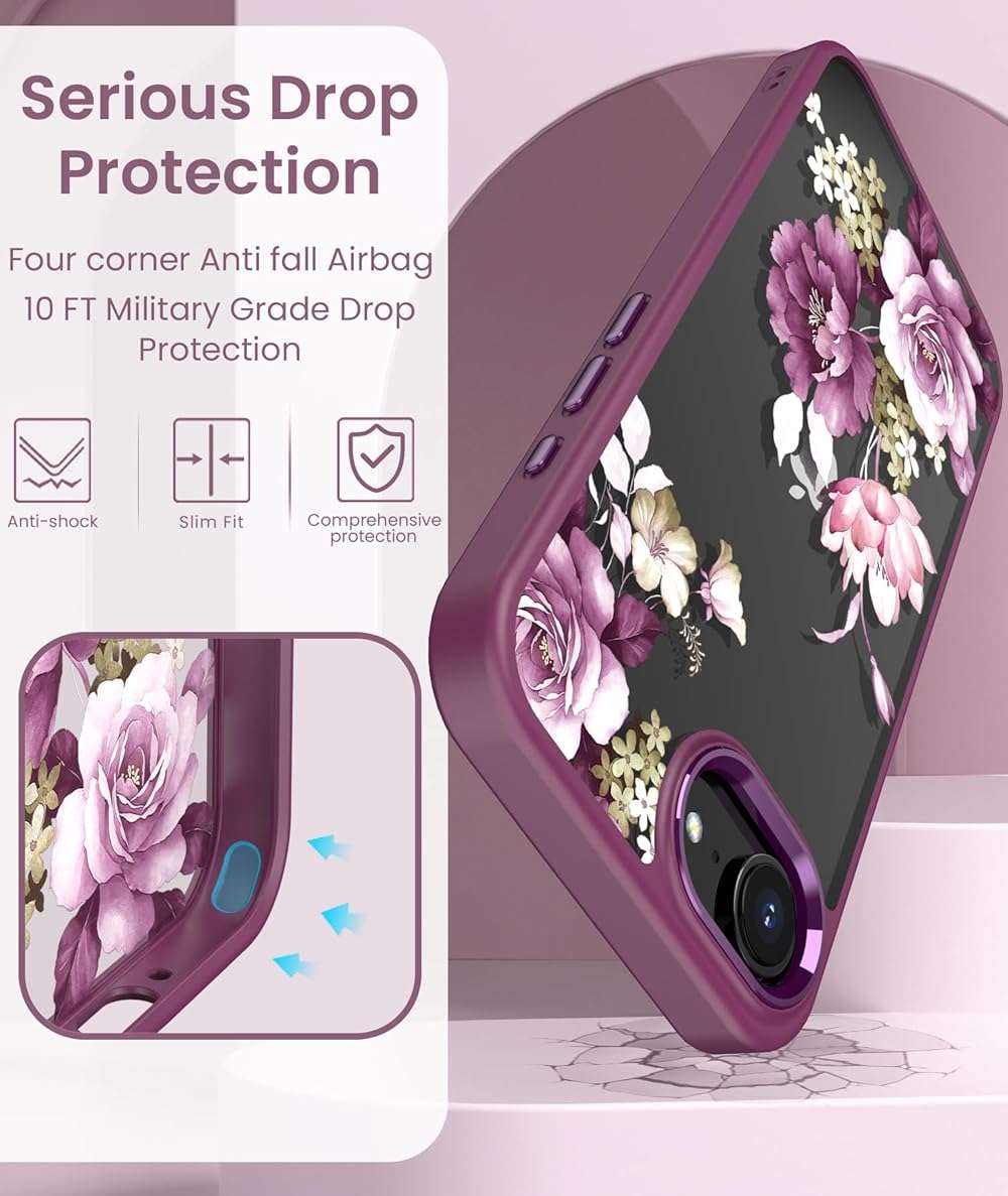 DagoRoo for iPhone 16E/17E Case+Tempered Glass Screen Protector, [Military Grade Protective] Slim Soft TPU & Hard PC,Girls Women Crystal Clear Flower Pattern Cover for iPhone 16E/17E-Purple - Image 6