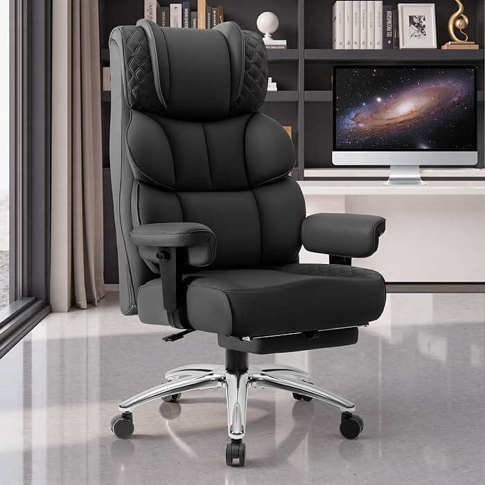 BestGlory Office Desk Chair, Big and Tall Leather Gaming Chair with Footrest, Wide Ergonomic Comfy Executive High-Back Reclining Computer Chairs, Swivel Rolling Wheels and Padded Lumbar Support, Black - Image 1