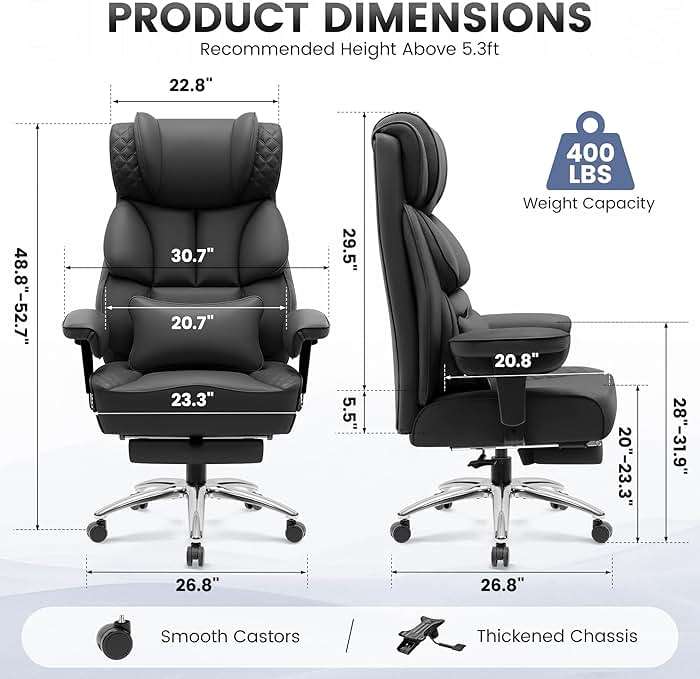BestGlory Office Desk Chair, Big and Tall Leather Gaming Chair with Footrest, Wide Ergonomic Comfy Executive High-Back Reclining Computer Chairs, Swivel Rolling Wheels and Padded Lumbar Support, Black - Image 2