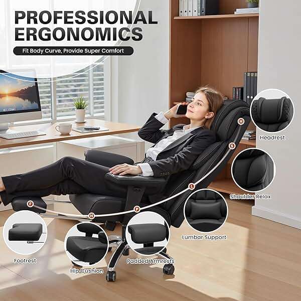 BestGlory Office Desk Chair, Big and Tall Leather Gaming Chair with Footrest, Wide Ergonomic Comfy Executive High-Back Reclining Computer Chairs, Swivel Rolling Wheels and Padded Lumbar Support, Black - Image 3
