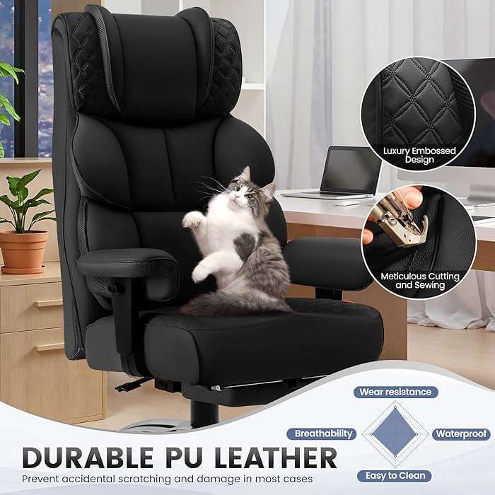 BestGlory Office Desk Chair, Big and Tall Leather Gaming Chair with Footrest, Wide Ergonomic Comfy Executive High-Back Reclining Computer Chairs, Swivel Rolling Wheels and Padded Lumbar Support, Black - Image 4