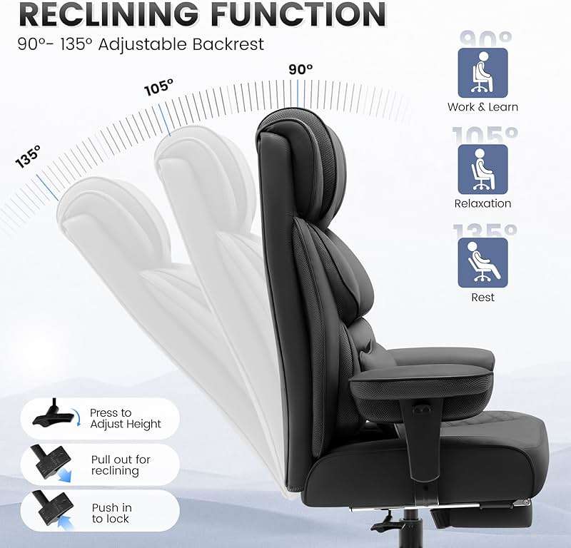 BestGlory Office Desk Chair, Big and Tall Leather Gaming Chair with Footrest, Wide Ergonomic Comfy Executive High-Back Reclining Computer Chairs, Swivel Rolling Wheels and Padded Lumbar Support, Black - Image 6