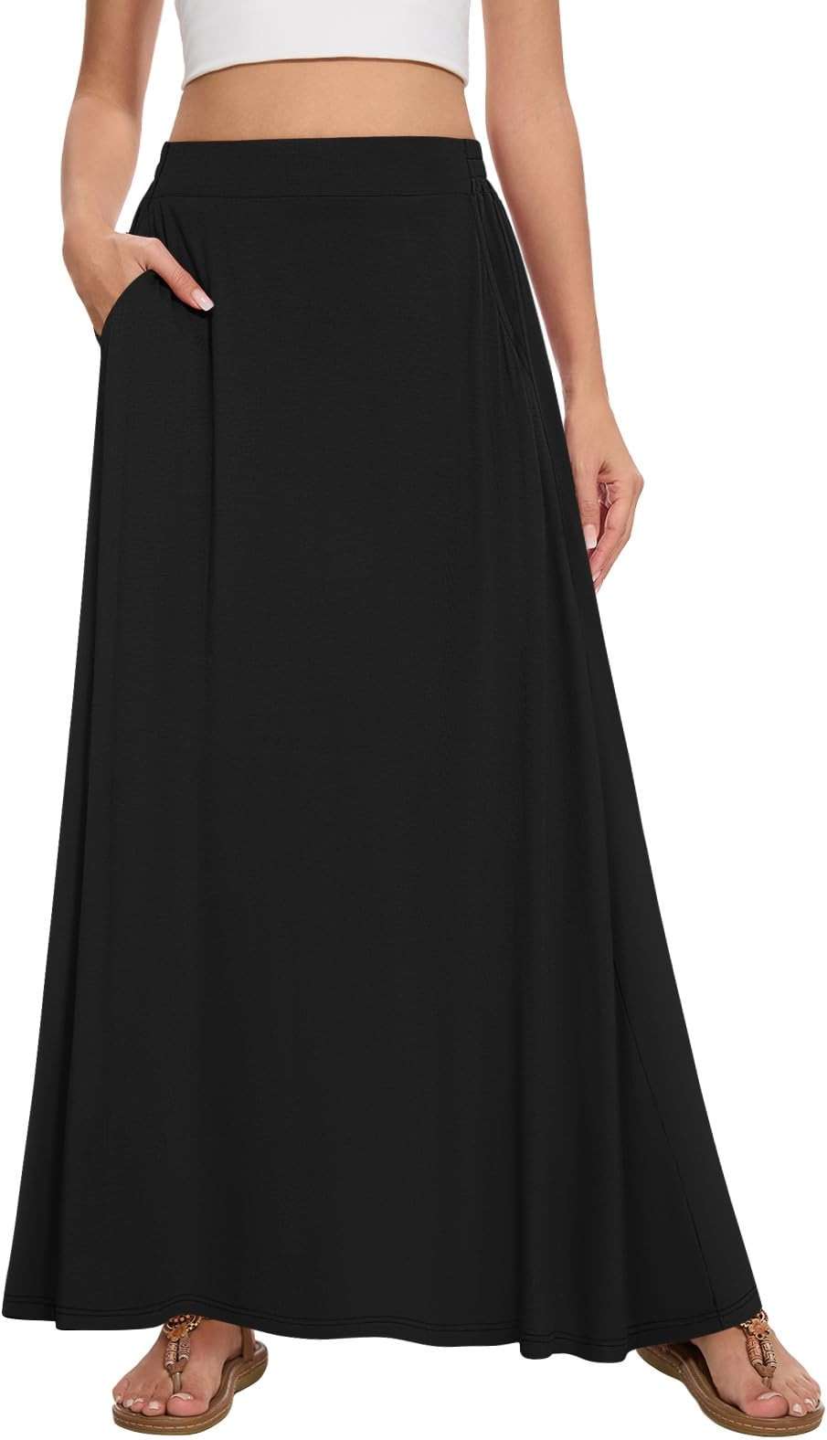 Leafsay Womens Maxi A-line Long Skirt Casual 2026 Elastic High Waist Flowy Skirts with Pockets - Image 1