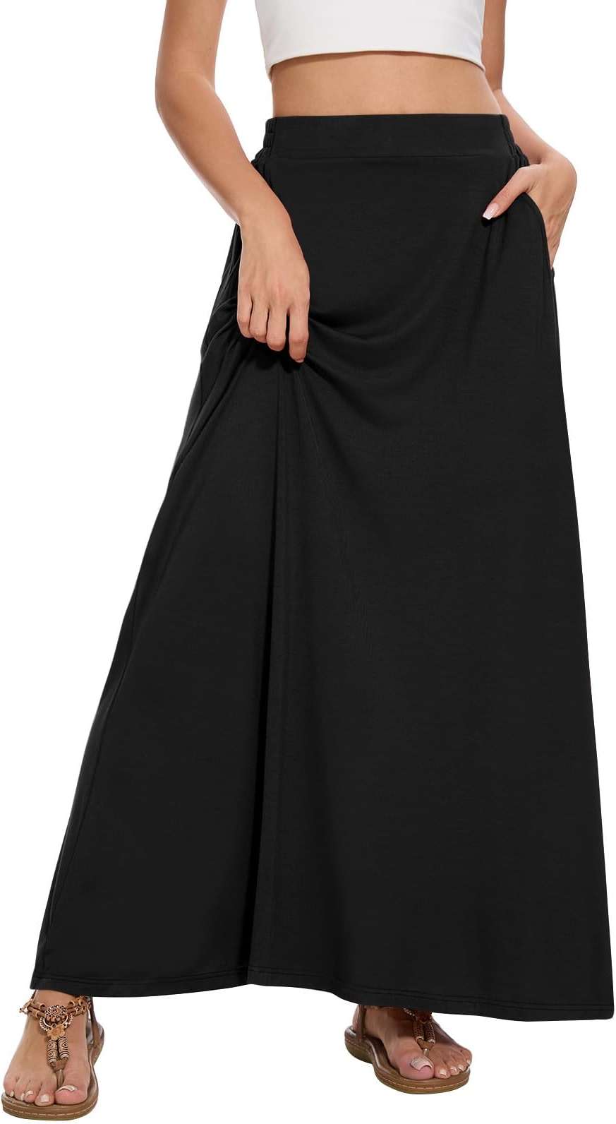 Leafsay Womens Maxi A-line Long Skirt Casual 2026 Elastic High Waist Flowy Skirts with Pockets - Image 2