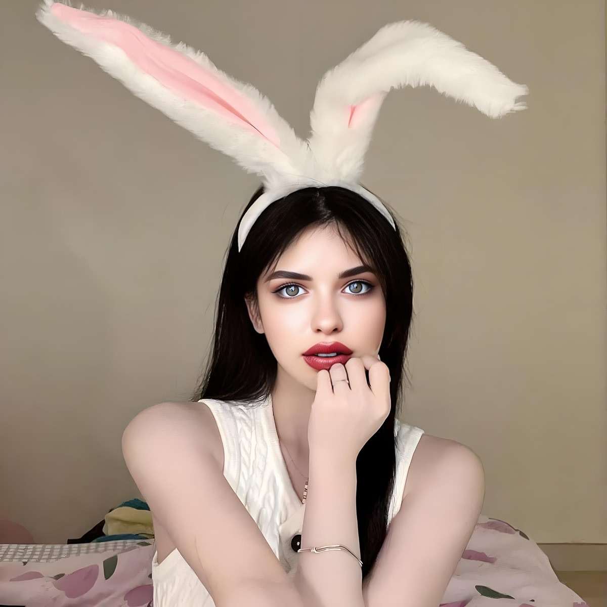 SPPOTY Bunny Ears Headband Furry Rabbit Ear And Tail Halloween Accessories White/Black/Grey - Image 2