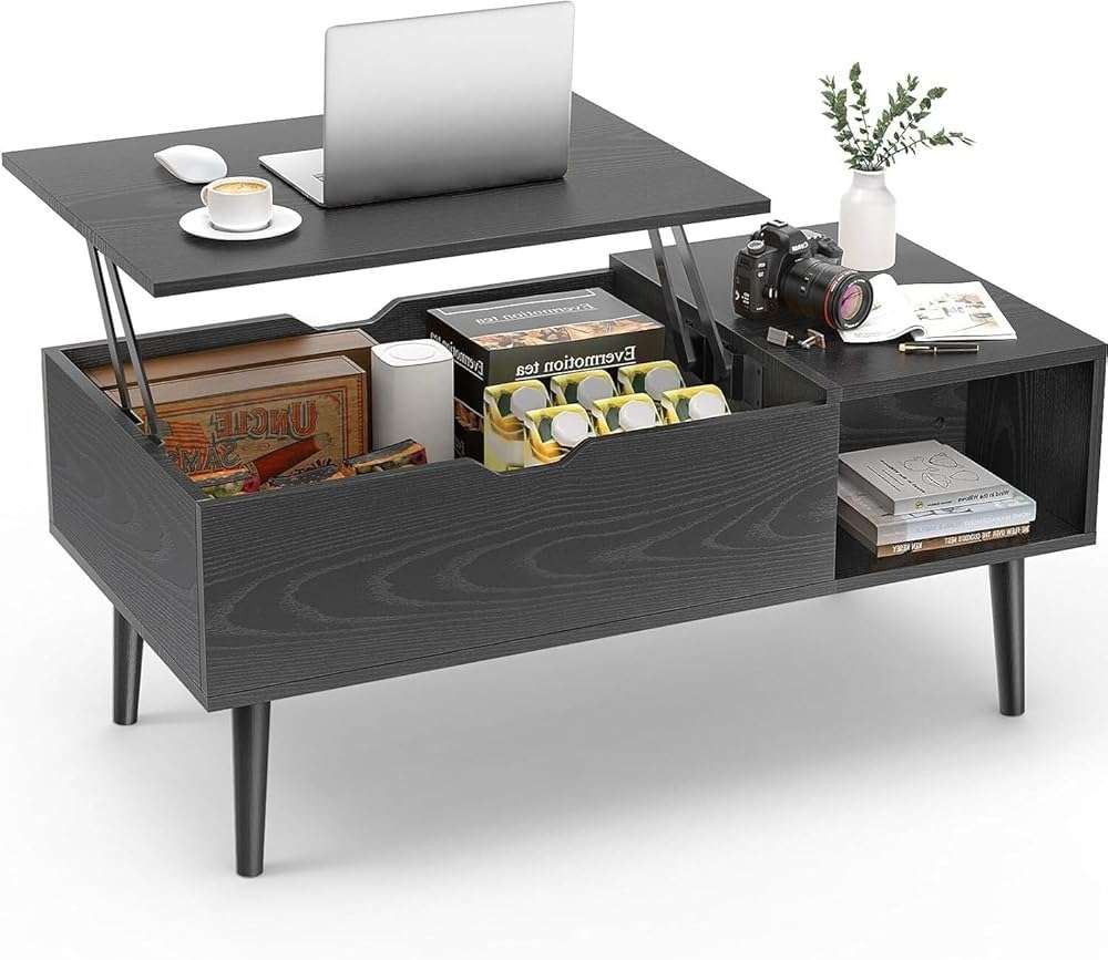 Sweetcrispy Coffee Table Lift Top Coffee Tables for Living Room,Small Rising Wooden Center Tables with Storage Shelf and Hidden Compartment, Black - Image 1