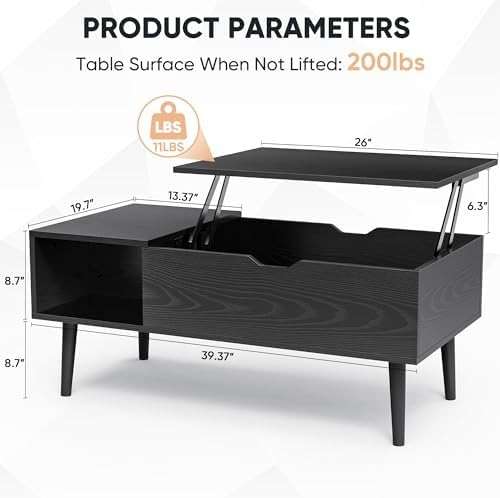 Sweetcrispy Coffee Table Lift Top Coffee Tables for Living Room,Small Rising Wooden Center Tables with Storage Shelf and Hidden Compartment, Black - Image 2