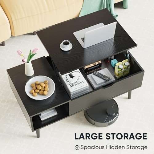 Sweetcrispy Coffee Table Lift Top Coffee Tables for Living Room,Small Rising Wooden Center Tables with Storage Shelf and Hidden Compartment, Black - Image 3
