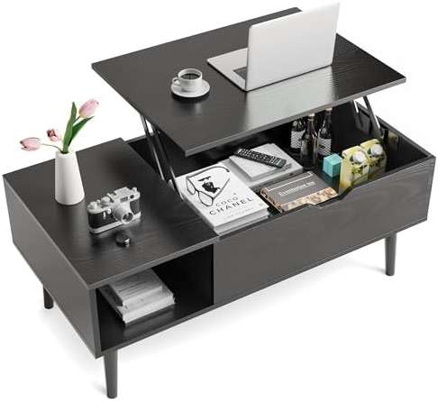 Sweetcrispy Coffee Table Lift Top Coffee Tables for Living Room,Small Rising Wooden Center Tables with Storage Shelf and Hidden Compartment, Black - Image 4