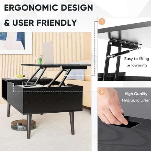 Sweetcrispy Coffee Table Lift Top Coffee Tables for Living Room,Small Rising Wooden Center Tables with Storage Shelf and Hidden Compartment, Black - Image 5