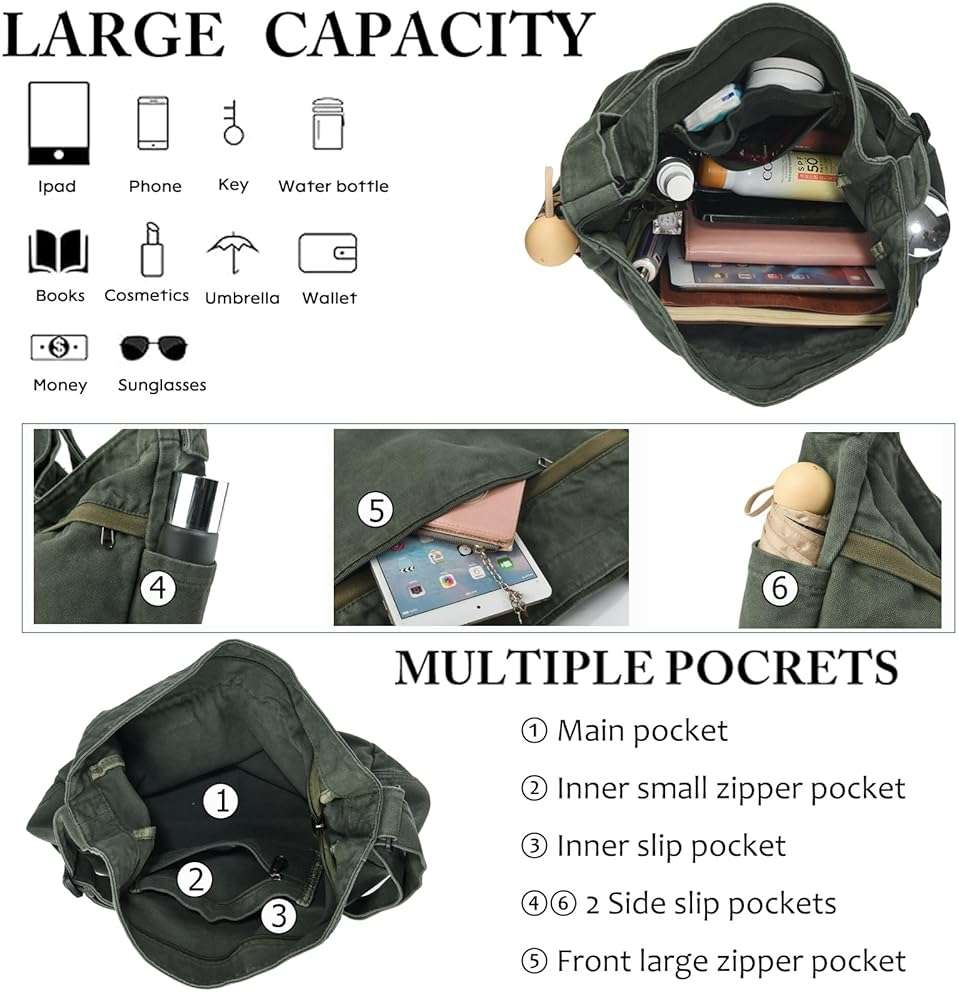 DAINAOTM Canvas Hobo Crossbody Shoulder Tote Bag for Women and Men Large Purse Messenger Bag Travel Work Shopping - Image 4