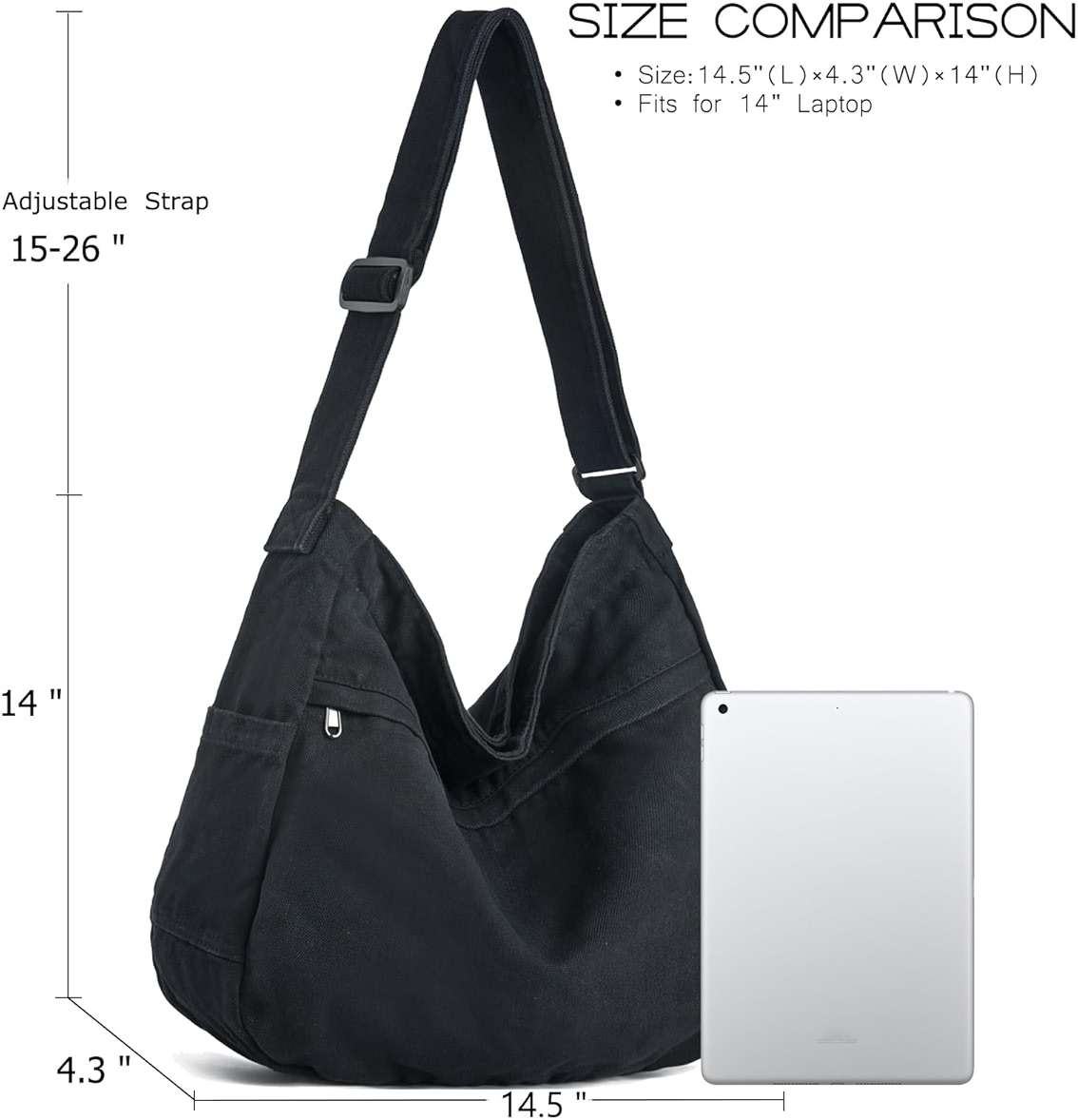 DAINAOTM Canvas Hobo Crossbody Shoulder Tote Bag for Women and Men Large Purse Messenger Bag Travel Work Shopping - Image 6