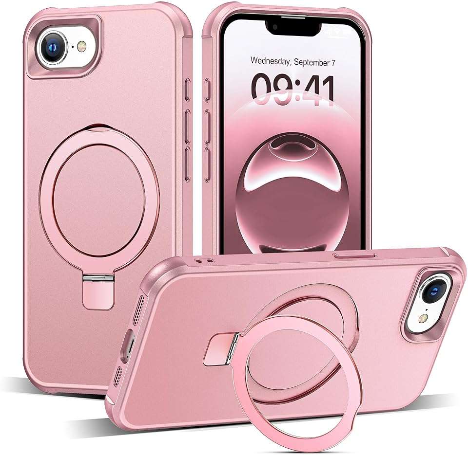 SKYLMW Compatible with iPhone 16e Case & iPhone 17e Case 6.1" with Invisible Magnetic O-Ring Stand Military-Grade Phone Cases [Compatible with Mag-Safe][Great Grip Feeling], Rose Gold - Image 1