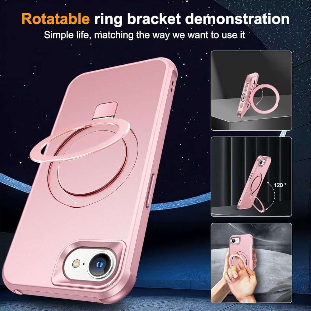 SKYLMW Compatible with iPhone 16e Case & iPhone 17e Case 6.1" with Invisible Magnetic O-Ring Stand Military-Grade Phone Cases [Compatible with Mag-Safe][Great Grip Feeling], Rose Gold - Image 2
