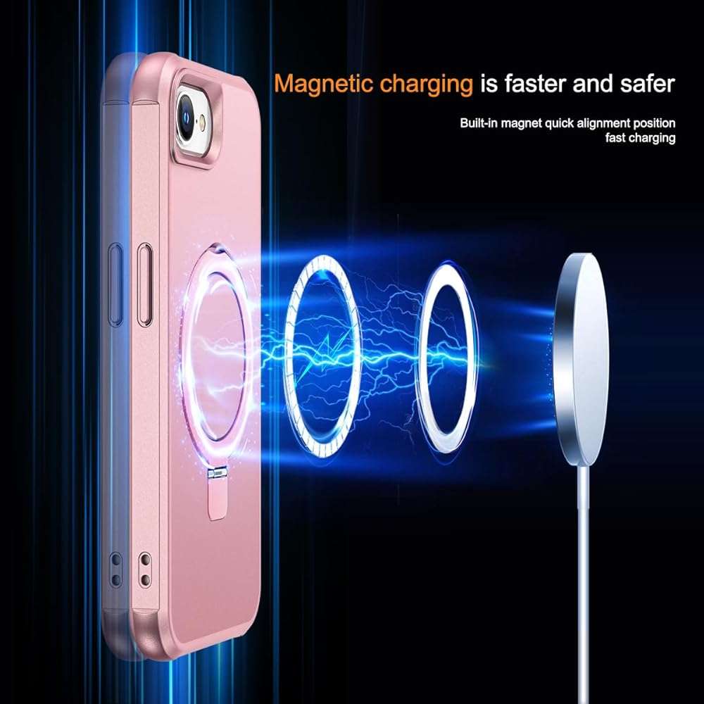 SKYLMW Compatible with iPhone 16e Case & iPhone 17e Case 6.1" with Invisible Magnetic O-Ring Stand Military-Grade Phone Cases [Compatible with Mag-Safe][Great Grip Feeling], Rose Gold - Image 3