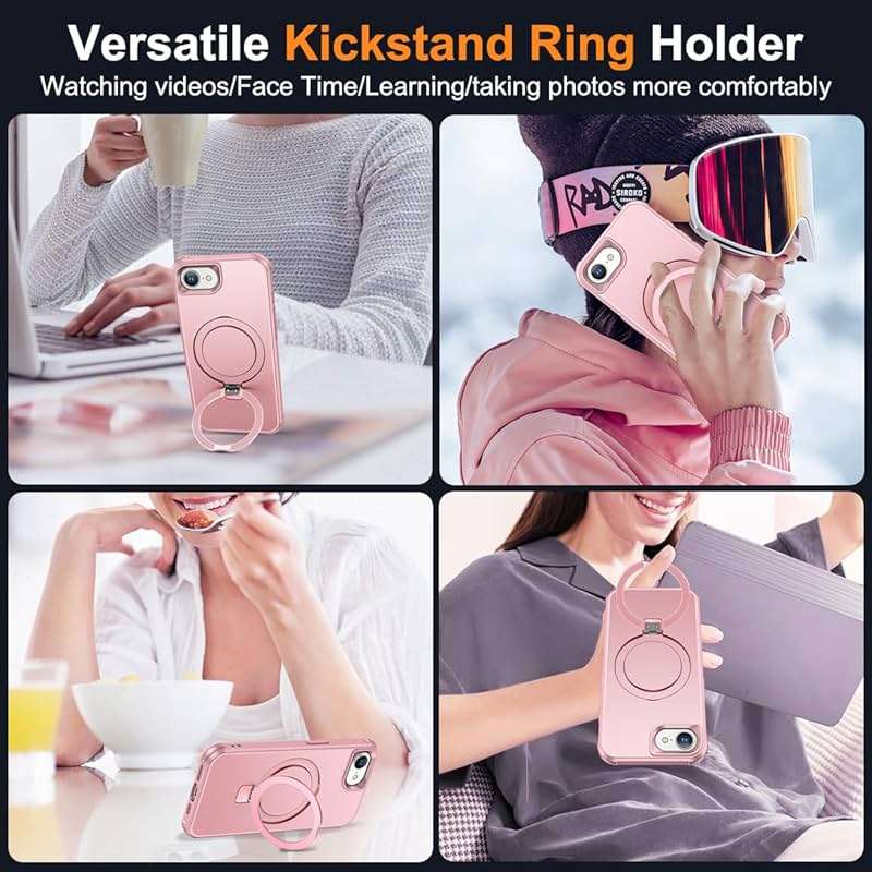 SKYLMW Compatible with iPhone 16e Case & iPhone 17e Case 6.1" with Invisible Magnetic O-Ring Stand Military-Grade Phone Cases [Compatible with Mag-Safe][Great Grip Feeling], Rose Gold - Image 5