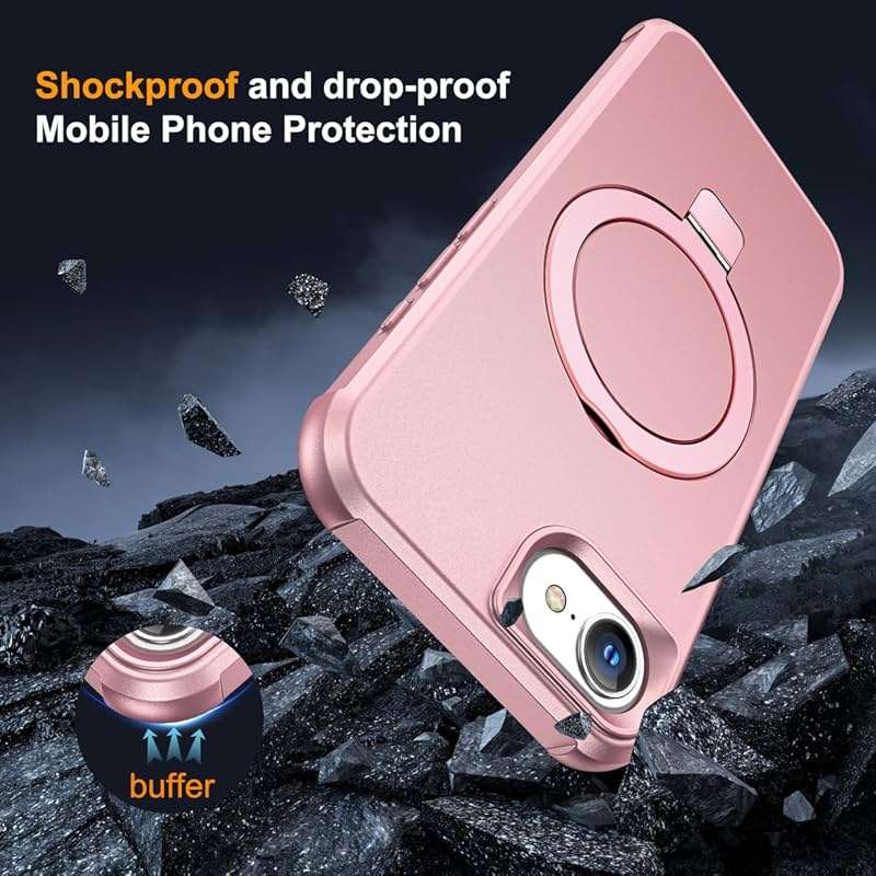 SKYLMW Compatible with iPhone 16e Case & iPhone 17e Case 6.1" with Invisible Magnetic O-Ring Stand Military-Grade Phone Cases [Compatible with Mag-Safe][Great Grip Feeling], Rose Gold - Image 7