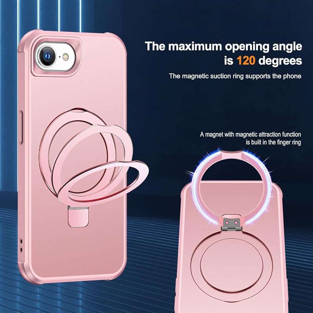 SKYLMW Compatible with iPhone 16e Case & iPhone 17e Case 6.1" with Invisible Magnetic O-Ring Stand Military-Grade Phone Cases [Compatible with Mag-Safe][Great Grip Feeling], Rose Gold - Image 9