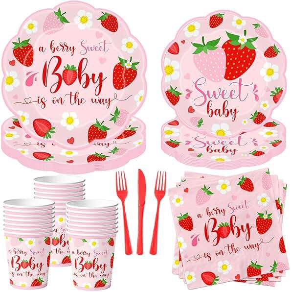 Strawberry Baby Shower Decorations, 150Pcs A Berry Sweet Baby is on the Way Decorations Tableware Sweet Baby Strawberry Plates and Napkins Cups for Girls Strawberry Baby Shower Supplies, Serve 25 - Image 1