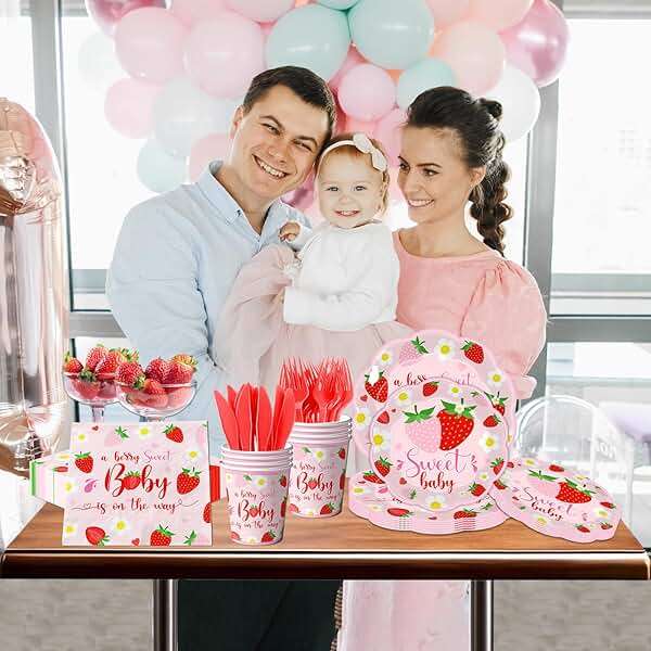 Strawberry Baby Shower Decorations, 150Pcs A Berry Sweet Baby is on the Way Decorations Tableware Sweet Baby Strawberry Plates and Napkins Cups for Girls Strawberry Baby Shower Supplies, Serve 25 - Image 2