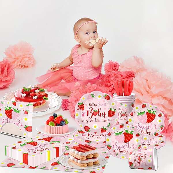 Strawberry Baby Shower Decorations, 150Pcs A Berry Sweet Baby is on the Way Decorations Tableware Sweet Baby Strawberry Plates and Napkins Cups for Girls Strawberry Baby Shower Supplies, Serve 25 - Image 3