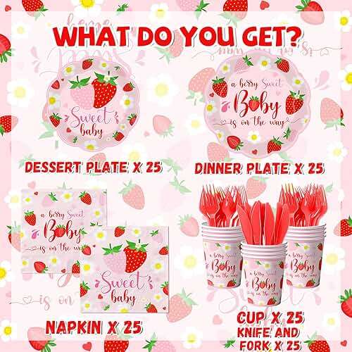 Strawberry Baby Shower Decorations, 150Pcs A Berry Sweet Baby is on the Way Decorations Tableware Sweet Baby Strawberry Plates and Napkins Cups for Girls Strawberry Baby Shower Supplies, Serve 25 - Image 4