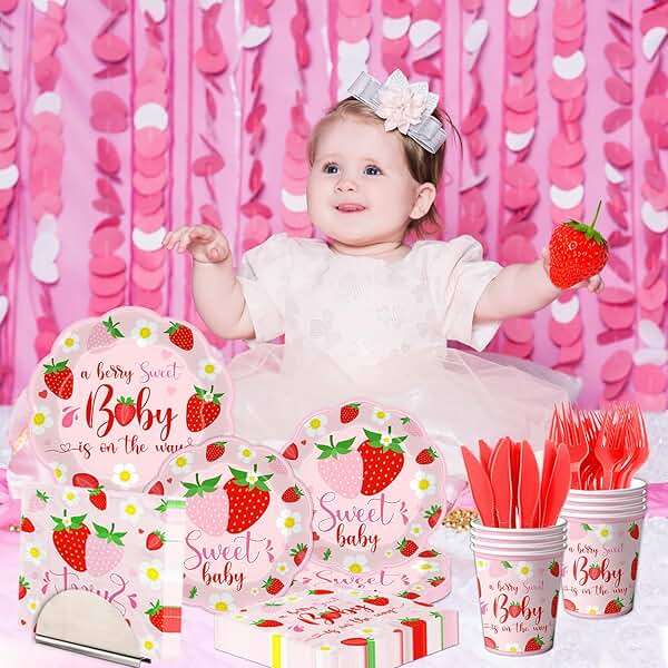 Strawberry Baby Shower Decorations, 150Pcs A Berry Sweet Baby is on the Way Decorations Tableware Sweet Baby Strawberry Plates and Napkins Cups for Girls Strawberry Baby Shower Supplies, Serve 25 - Image 5