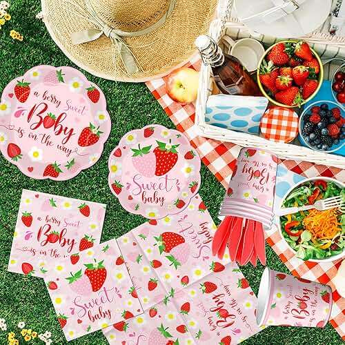 Strawberry Baby Shower Decorations, 150Pcs A Berry Sweet Baby is on the Way Decorations Tableware Sweet Baby Strawberry Plates and Napkins Cups for Girls Strawberry Baby Shower Supplies, Serve 25 - Image 6