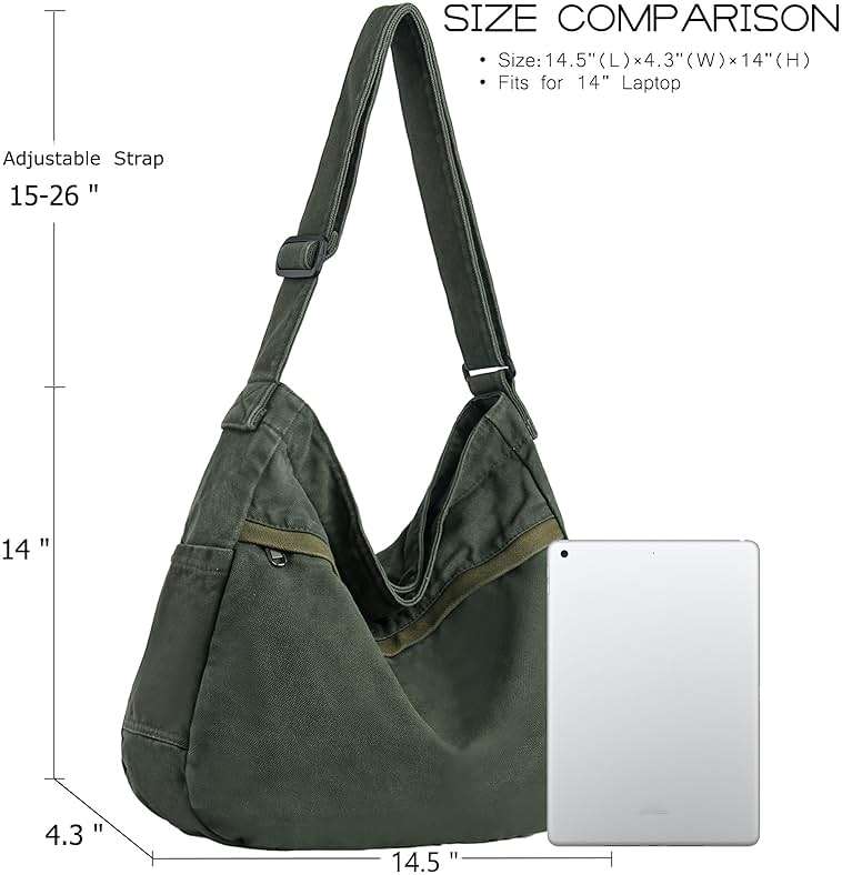 DAINAOTM Canvas Hobo Crossbody Shoulder Tote Bag for Women and Men Large Purse Messenger Bag Travel Work Shopping - Image 2