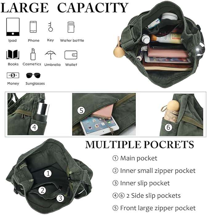 DAINAOTM Canvas Hobo Crossbody Shoulder Tote Bag for Women and Men Large Purse Messenger Bag Travel Work Shopping - Image 3