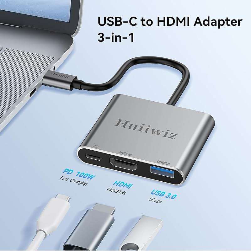 Huiiwiz USB C to HDMI Multiport Adapter for Mac MacBook iPad, USB-C to HDMI USB Adapter with Charging USB 3.0/ PD 100W/4K 30Hz - Image 2